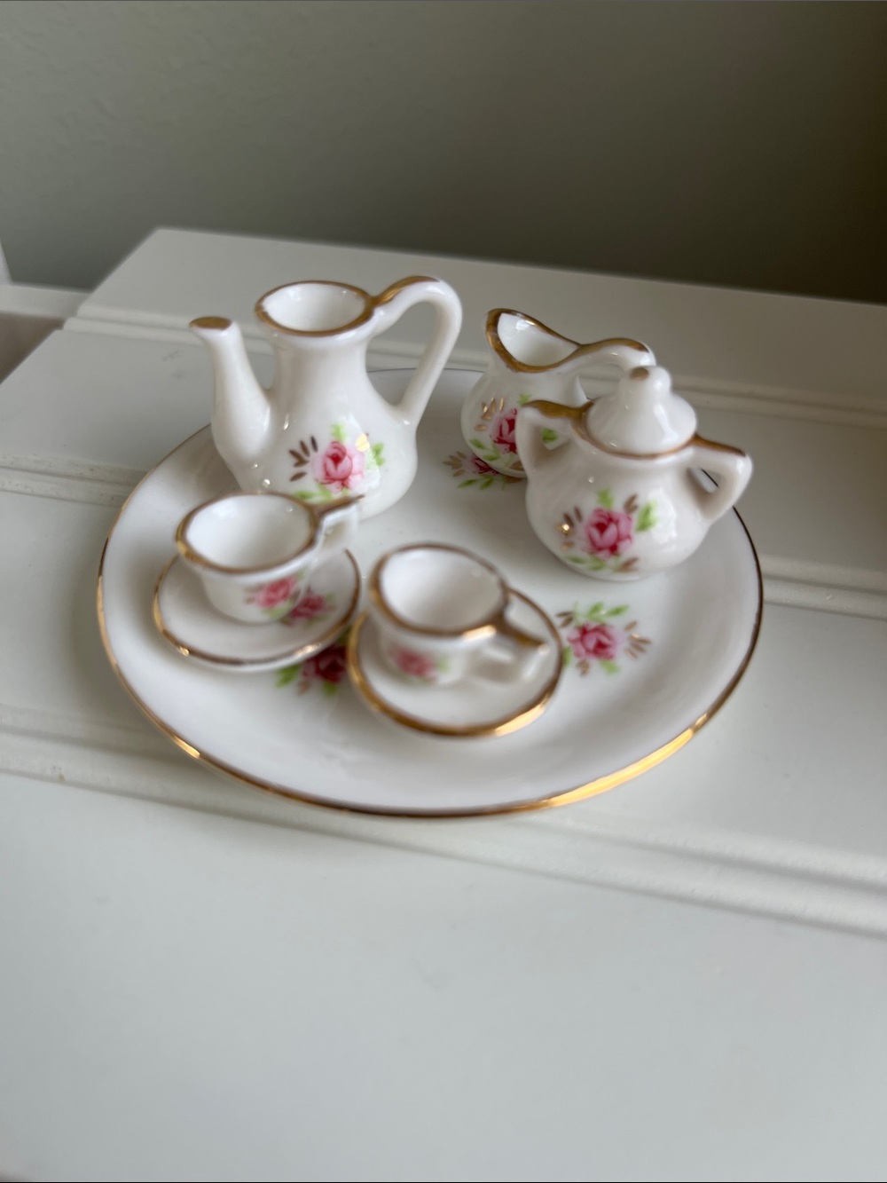Miniature Porcelain Tea Set with Pink Rose Accent and Gold Trim